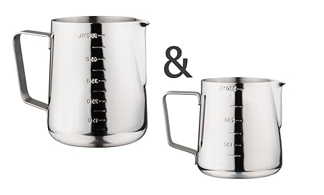 Luxpresso Duo-Set: Milchkännchen/Milchaufschäumkännchen mit Messskala aus Edelstahl, 350 ml + 550 ml