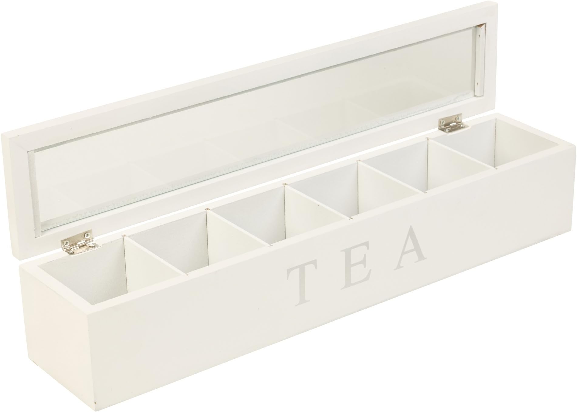 EG Homewares Wooden Tea Box 6 Compartments Hinged Glass Lid Spice Coffee Capsule Holder Food