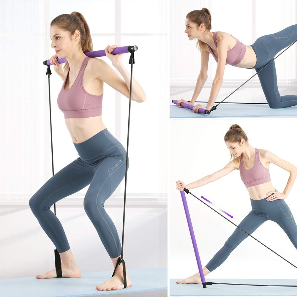 Pilates Bar Kit with Resistance Band,Pilates Exercise Stick with Foot Loop for Yoga,Stretch,Sculpt,Twisting,Sit-Up,And Other Body Exercises to Maintain a Good Figure.Includes Instruction Manual.