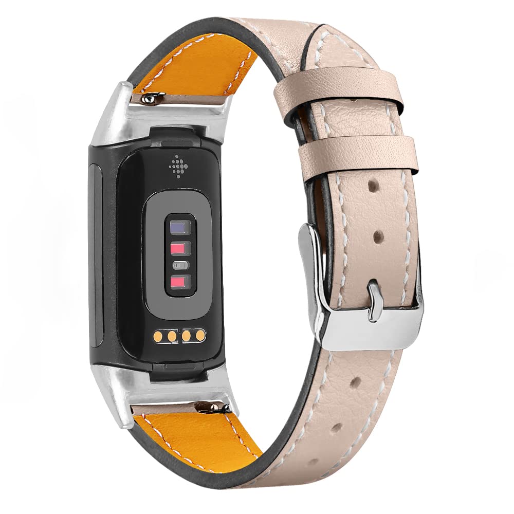 Gimuk Compatible with Fitbit Charge 5 Strap for Women Men, Genuine Leather Adjustable Sports Strap Replacement Wristband for Charge 5 Tracker Small Large (Apricot) — image 1