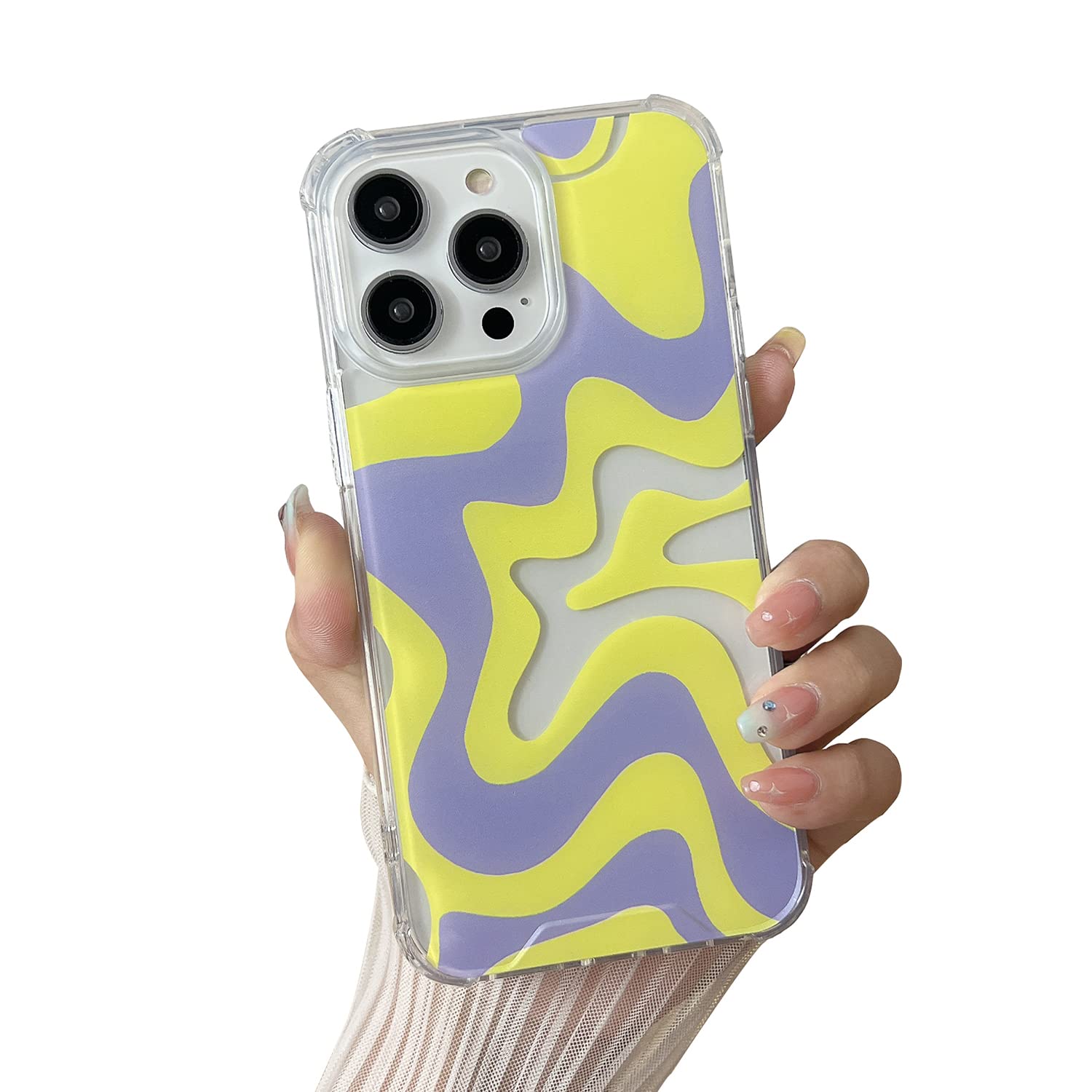 Sayoaho Compatible with iPhone 13 Pro Max Phone Case, Cute Art Wavy Painted for Women Girls, Soft TPU Edge PC Back Protective Shockproof Phone Case-Yellow (iPhone 13 Pro Max)