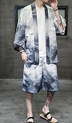 Ambcol Men's Japanese Style Kimono Tops Shorts Sets