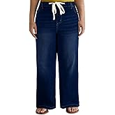 Eytino Women's Plus Size Wide Leg Jeans Elastic Waist Drawstring Stretchy Denim Pants with Pockets(1X-5X)