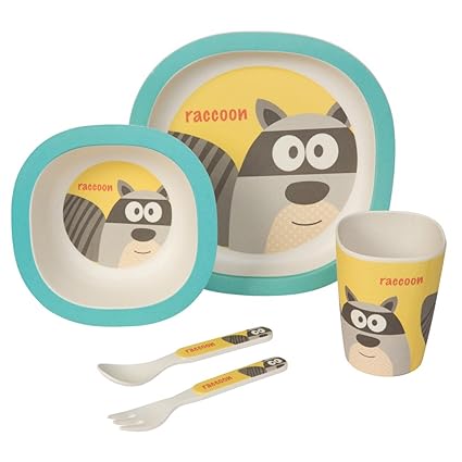 BIOZOYG Set vajilla Infantil de bambú sin bpa 5 Piezas I Motivo Mapache I Servicio de