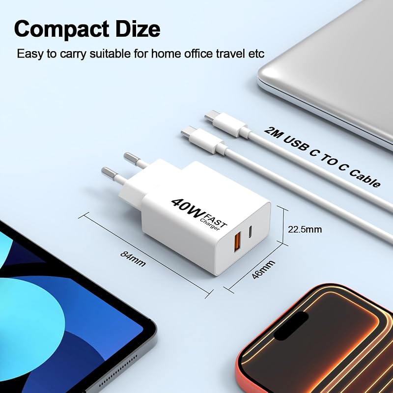 2Pack Cargador USB C, 40 W Enchufe USBC Adaptador de corriente tipo C PD+QC Doble Pared Enchufe Bloque Tipo C Cargador Rápido para iPhone 17 16 15Pro Max — foto 7 de 8