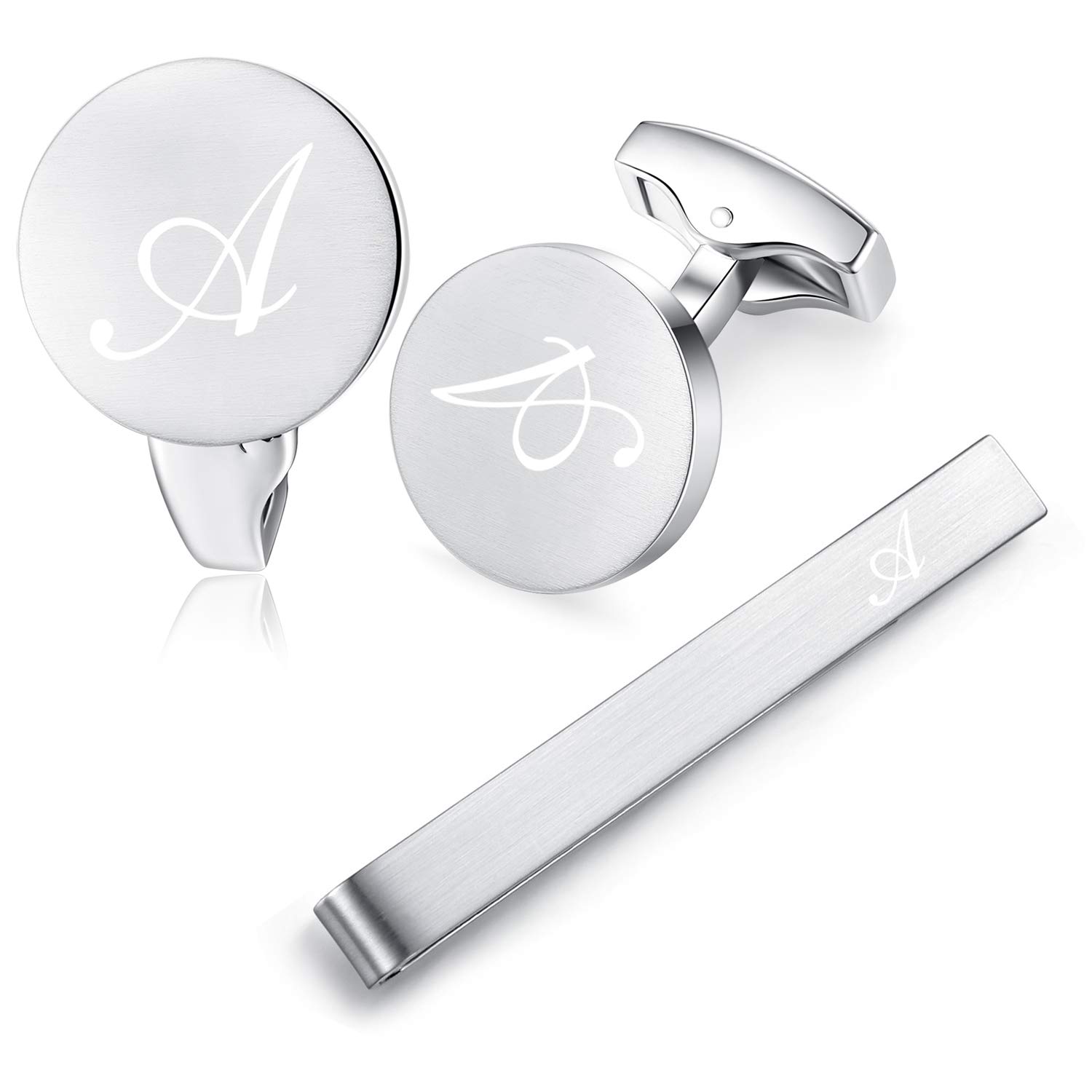 HONEY BEAR Initial Alphabet Letter Cufflinks Tie Clip Set for Mens - Round Stainless Steel, for Business Wedding Gift,Brushed Silver (A)