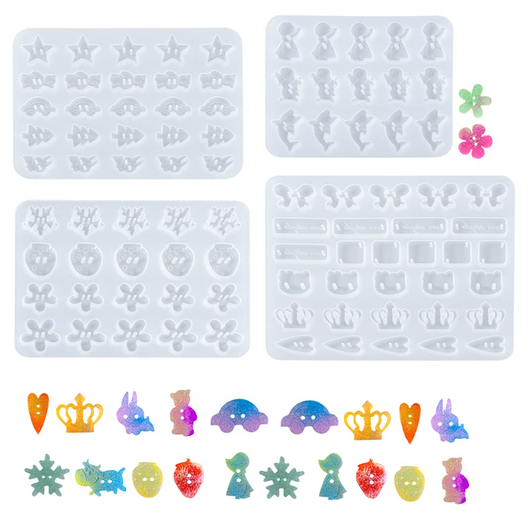 DIYBravo 4PCS Resin Moulds Cute Button Earring Studs Star Shark Strawberry Bow-Knot Silicone Epoxy Moulds Resin Casting Moulds for DIY Gift Making