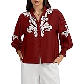 ChiaoLezhee Embroidered Tops for Women, Boho Floral Mexican Blouse, V-Neck Puff Long Sleeve, Button Down Ruched Shirts Casual