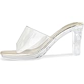 NBUUNBU Chunky Heels for Women Clear Platform Heels Sexy Block High Heels Sandals Square Toe Open Toe Transparent Strap Comfortable Dress Shoes Slip on Mules