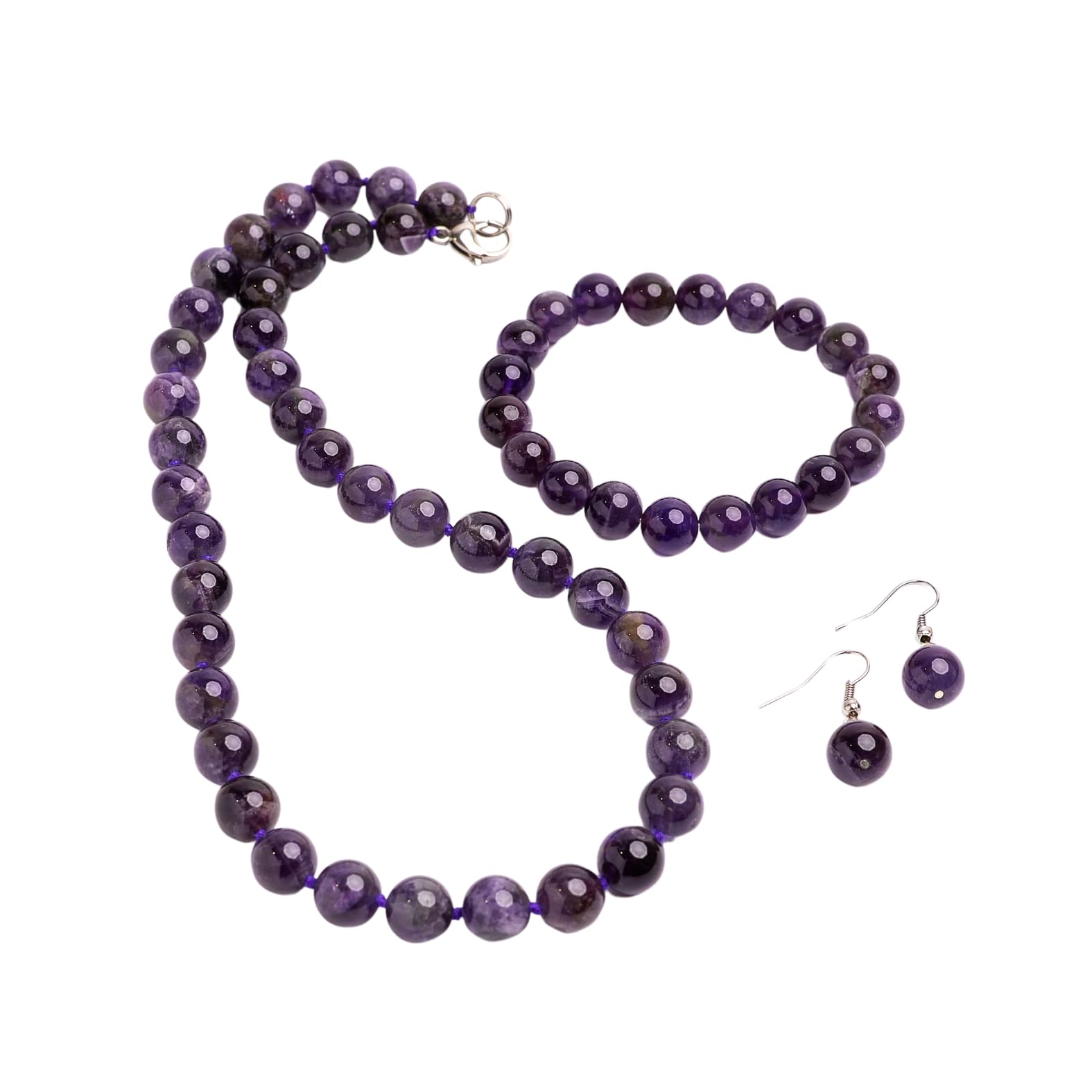 TreasureBay Women's Necklace Jewellery Set | Stunning 10mm Natural Gemstone Beaded Necklace Bracelet Earrings (Purple Amethyst)