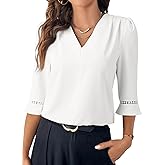 EVALESS Women's 3/4 Sleeve Tops Dressy Casual Pleated V Neck Business Work Blouses Office Shirts