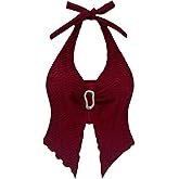 Milumia Women's Textured Metal Decor Halter Top Sexy Backless Split Hem Tank Tops