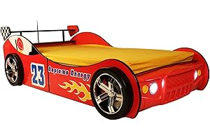 LKTART Twin Size Bed for Kids, Race Car-Shaped Wooden Platform Bed Frame with Headboard Wheels and Support Slats for Boys Toddlers Child's Bedroom (Red)