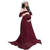 Maternity Off Shoulder Ruffle Sleeve Lace Women's Gown Maxi Photography Dress