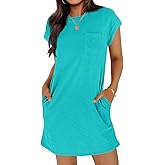 Wenrine Women's Summer T Shirt Dress Casual Short Sleeve Crewneck Loose Fit Mini Dresses with Pockets