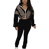 Kinivi Women 2 Piece Outfit Long Sleeve Zip Up Crop Jacket High Waist Stretchy Pants