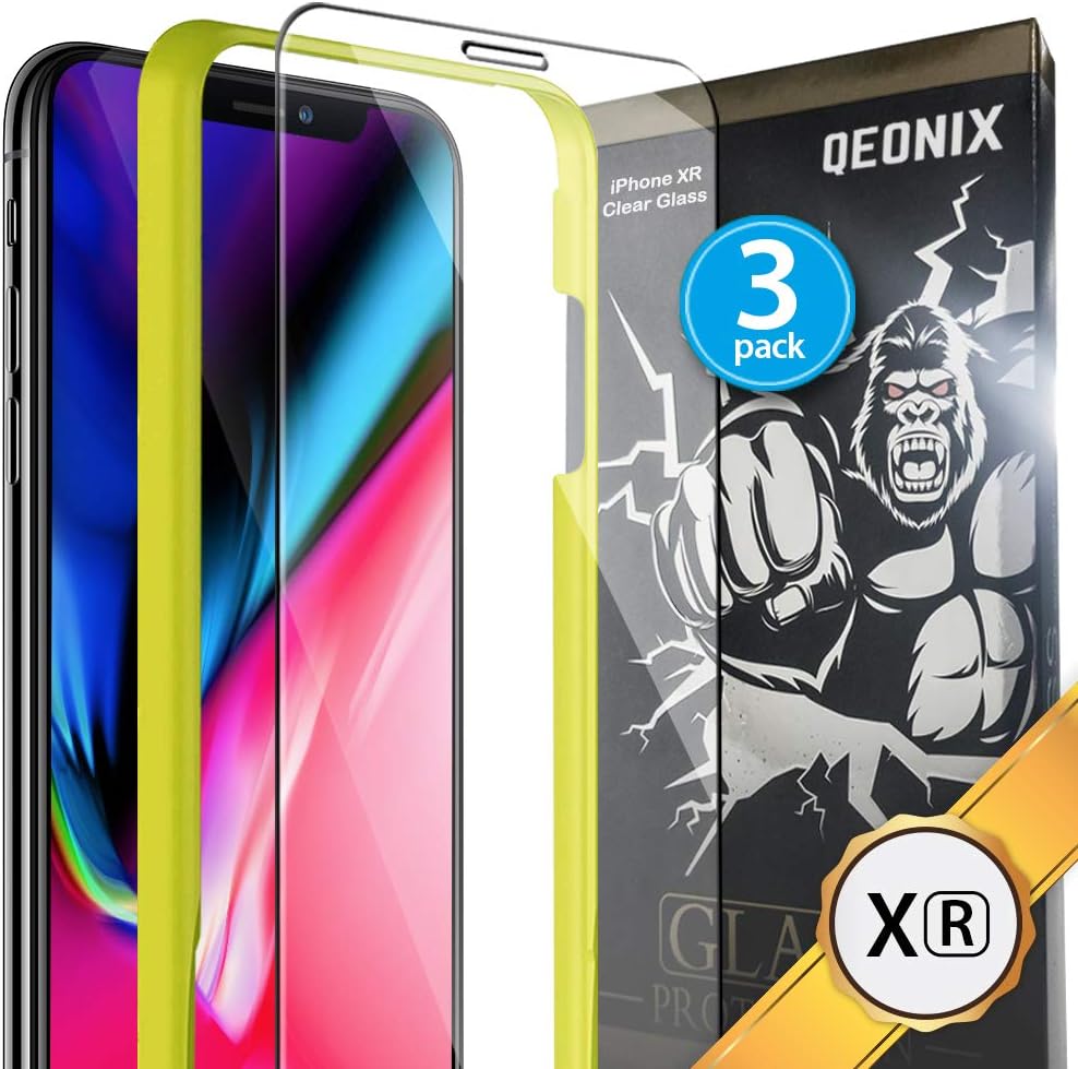 QEONIX iPhone XR Screen Protector 6.1 inch + Easy Installation Tray - Real HD Full Frame Tempered Glass, 3D Touch, 9H Hardness, Case Friendly [3-Pack]