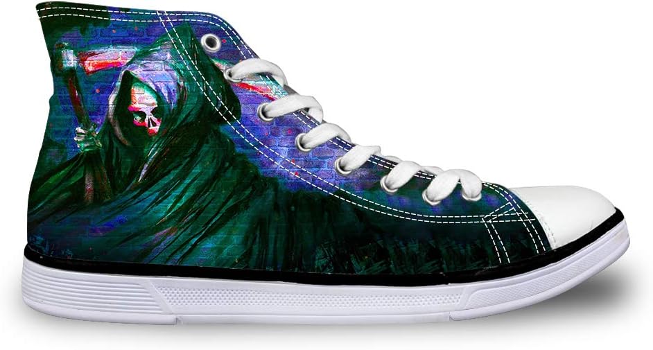 Canvas High Top Sneaker Casual Skate Shoe Mens Womens View of Skull Grim Reaper's Back