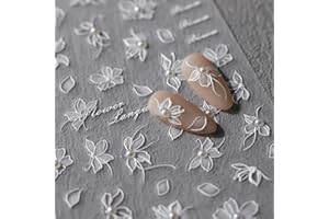 JIALITFUN 5D Embossed Flower Nail Stickers for Nail Art White Floral Nail Art Stickers Self-Adhesive Pearls Nail Art Decals for Women Nail Supplies Art Design Stickers (1, White Flower)