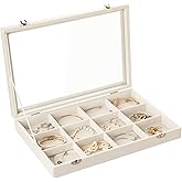 Frebeauty Velvet Jewelry Tray,12 Grid Jewelry Organizer with Clear Lid,Bracelets Holder,Jewelry Display Case with Clasp,Drawer Insert Bangle Brooch,13.8 x 9.5 x 2 Inches,Gift for Women Girls(Beige)