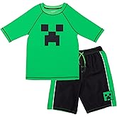 Minecraft Raglan Rash Guard and Swim Trunks UPF 50+ Outfit Set Little Kid to Big Kid Sizes (4-18-20)