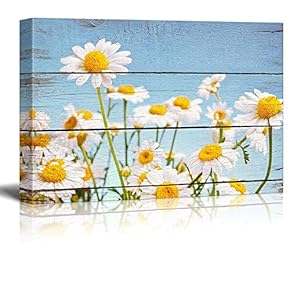 Daisy Field in Bright Sun - Rustic Floral Arrangements - Pastels Colorful Beautiful - Wood Grain Antique - Canvas Art Home Art - 12x18 inches