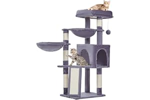 Taoqimiao Cat Tree, 37.4-Inch Cat Tower for Indoor Cats,Suitable for Kittens,Plush Cat Condo with 5 Scratching Posts, Plush Perch,2 Hammock,Pompoms, Scratching Ramp MS018G Smoky Gray