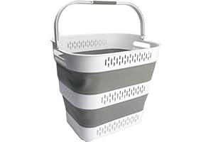 SAMMART 40L (10.5 Gallon) Collapsible Plastic Laundry Basket with Handles - Foldable Pop Up Storage Container/Organizer - Portable Laundry Hamper - Space Saving (1, White/Grey)