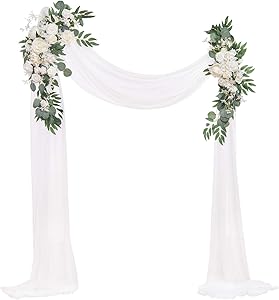 Ling's moment Artificial Wedding Arch Flowers Kit(Pack of 3) - 2pcs Ivory Greenery Aobor Floral Arrangement with 1pc Semi-Sheer Swag for Ceremony and Reception Backdrop Decoration