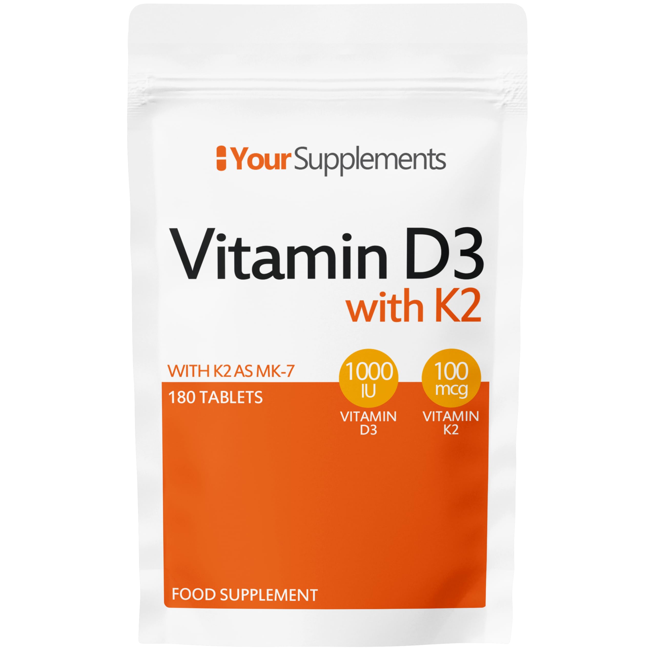 Your Supplements – Vitamin D3 1,000 IU with K2 100mcg – Supports Bone Health (180 Tablets)