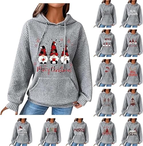 christmas jumper dress,Christmas Sweatshirts for Womens UK Waffle Knit Drawstring Hoodies Casual Loose Y2k Xmas Jumpers Plus Size Clothes Santa Pullover with Pockets,hoodies,B-Dark Gray XL
