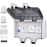 CHENGPI Double Outdoor Power Outlet Box with 32A Leakage Protection and Electricity Meter - IP66 Waterproof Outside Plug Socket with Outdoor Outlet Cover - Exterior Wall Electrical Outlet for Garden