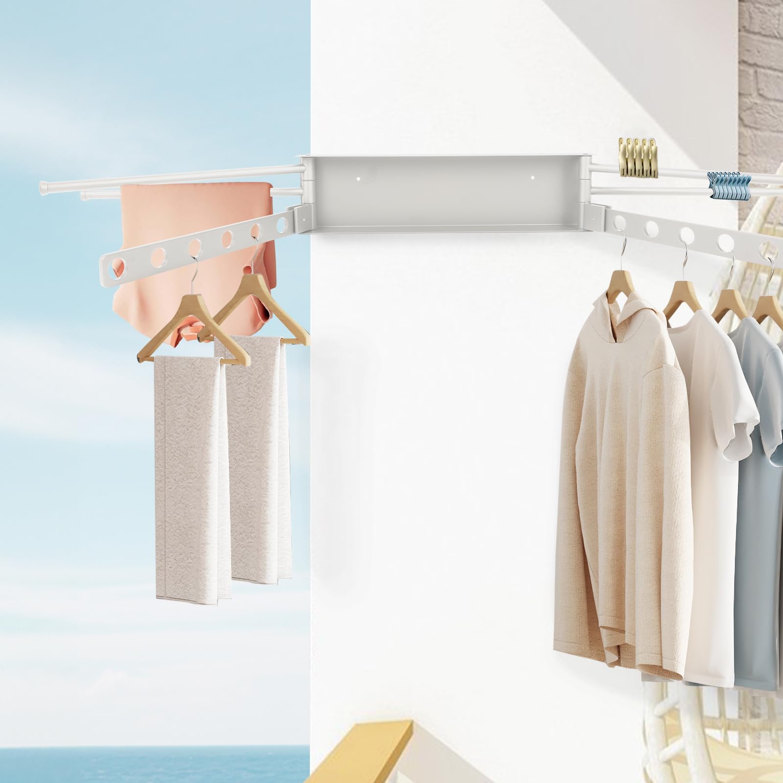KMDZDZGS Clothes Drying Rack, Space Saver Wall Mounted Clothes Rack, Foldable clothes drying rack, Strong Load-Bearing, Rotatable clothes drying rack for Balcony, Bathroom, Bedroom (White, 2 edges)