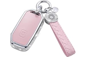 RUABIBAN for Kia Key Fob Cover with Keychain, Pink Leather Crystal Key Case Protection Shell Compatible with Cerato Ceed Forte NIRO Sorento Seltos Sportage Soul Telluride
