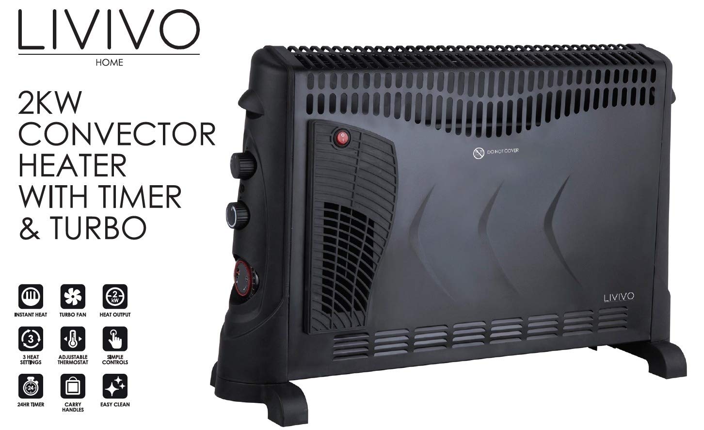 LIVIVO 2kW Electric Convector Heater with Turbo Heat and Timer