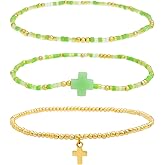 BXDA Cross Beads Stack Bracelets Set for Women, Boho Handmade Gold Beaded Stackable Charm Stretch Festive Holiday Accessories Jewelry Gift.