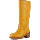 FancyQueen Women's Knee High Boots - Square Toe Platform Chunky Block Heel Banana Campus Boots，Pull On Comfortable Long Boots for Women