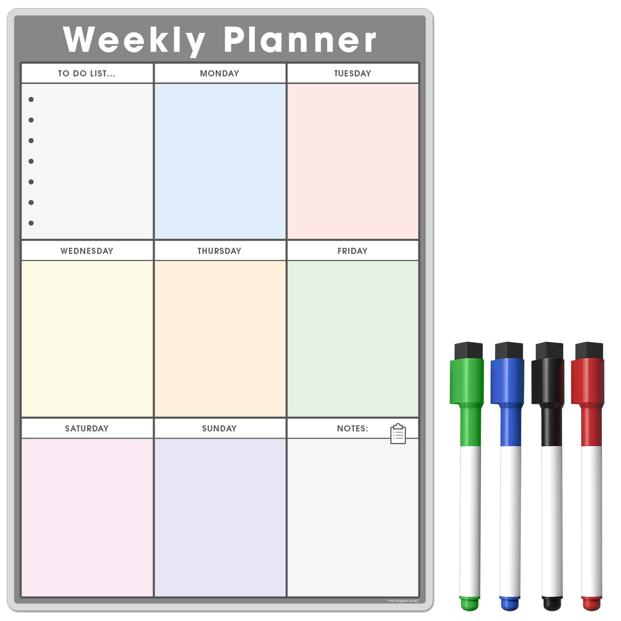 TMS A4 Weekly Planner and Organiser – Customisable Whiteboard for Organising Your Week, Tasks, to Do List, Shopping and Meal Planning. Home, Office, School - with 4 Free Magnetic Dry Wipe Pens