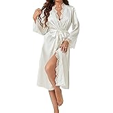 OYOANGLE Women's Satin Robe Long Sleeve Open Front Floral Lace Trim Belted Bride Wedding Party Bathrobes