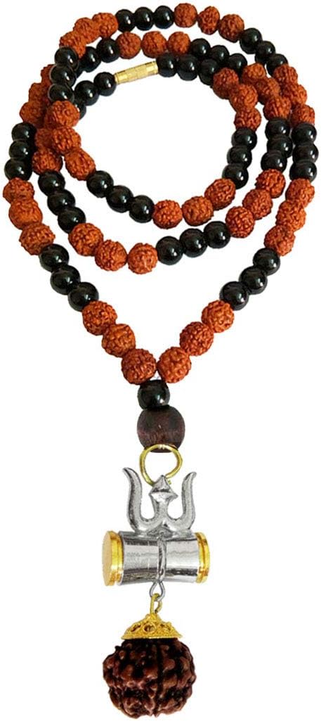 RICH AND FAMOUSShiv Trishul Rudraksha Damru Pendant with Rudraksha & Black Glass Beads Mala for Men