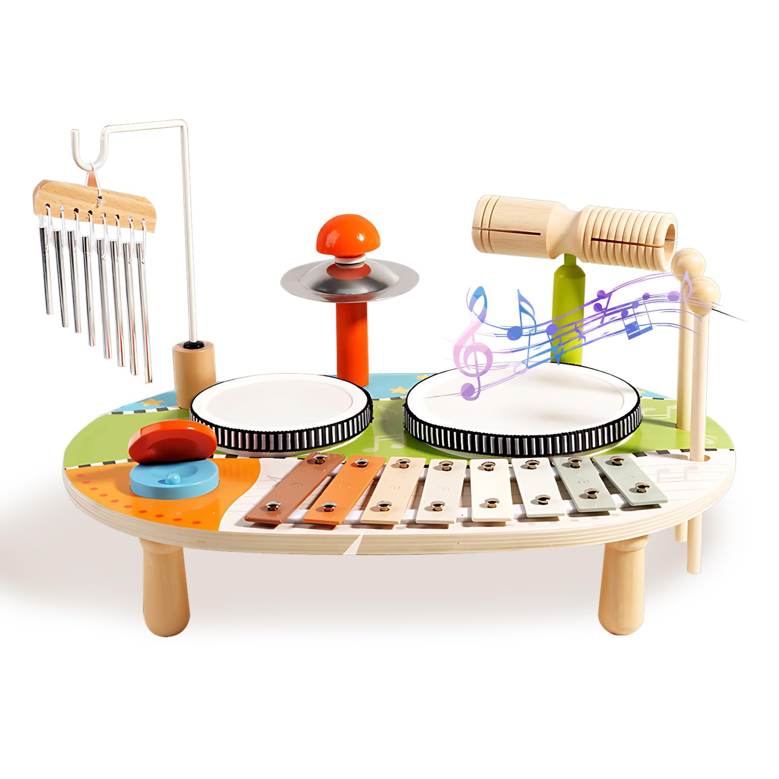 Kingbar Wooden Kids Drum Kit, 6 In 1 Musical Percussion Instruments Toys, Music Table, Baby Xylophone Wind Chimes Castanets, Montessori Sensory Educational Toys, B