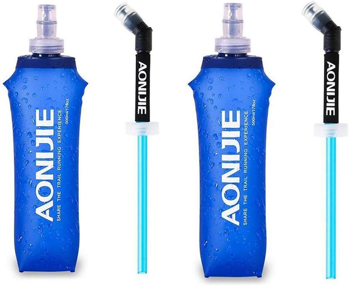 AONIJIE Pack 2 TPU Soft Folding Water Bottles Collapsible Flask for Hydration Pack,500ml with Straw for Running Hiking Cycling Climbing