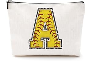 CQM Initial Makeup Bag Monogrammed Cosmetic Bag Letter A Zipper Pouch Softball Accessories for Girls Women Player Coach Friend Stuff Graduation Birthday Gifts