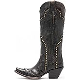 keleimusi Ladies Western Cowboy Boots Distressed Stitch Studded Snip-Toe Mid Calf/Knee High Cowgirl Boots Pull-on Country Boots
