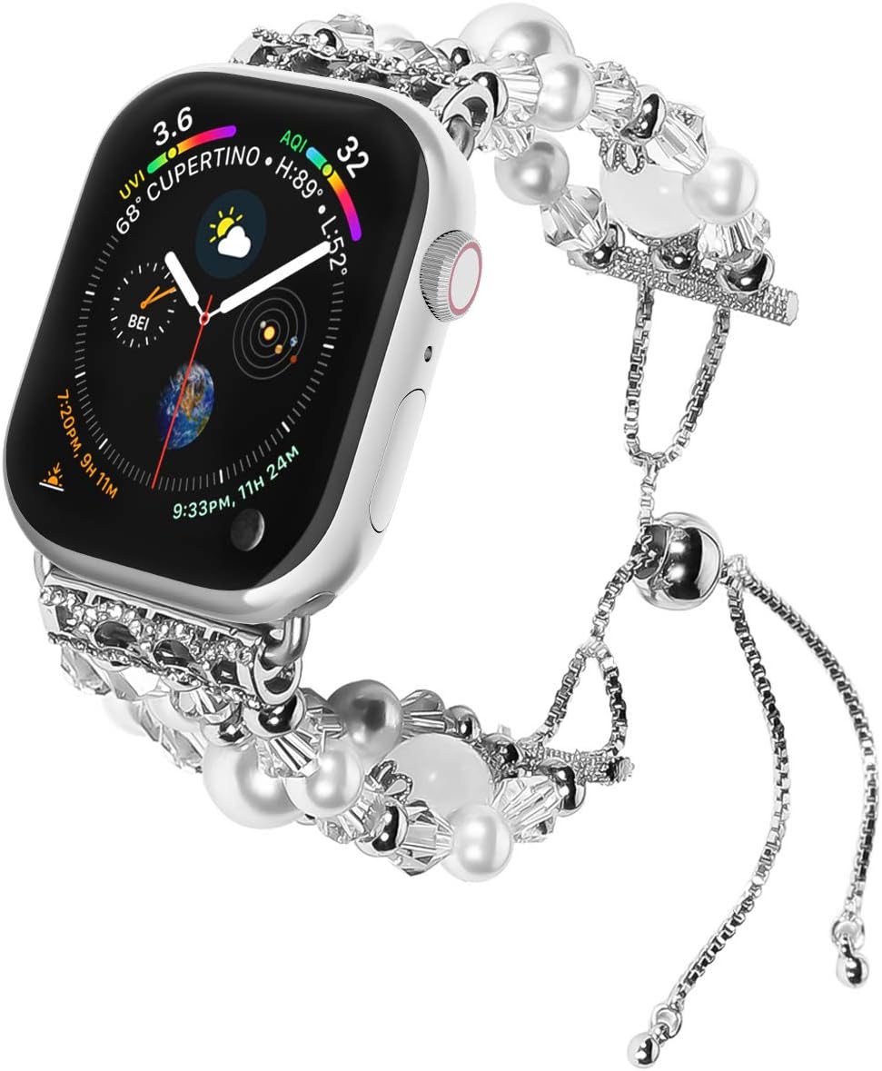TILON Compatible for Apple Watch Band Replacement 38mm/40mm 42mm/44mm Series 5 4 3 2 1, Handmade Artificial Pearl Elastic Beaded iWatch Bracelet for Women Girls [Updated Style]
