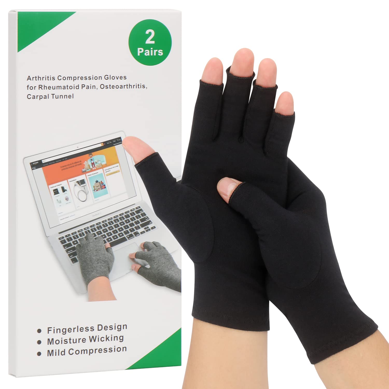 2-Pair Arthritis Compression Gloves for Alleviate Rheumatoid Osteoarthritis, Carpal Tunnel Raynauds Disease, Ease Muscle Tensi on Fingerless, Breathable & Moisture, Women and Men (Black, Small)