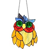 Stained Glass Window Panels Hangings Owl Suncatcher Ornaments Tiffany Style Gift Bird Decoration7.3 x 5"