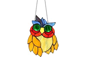 KARHUIMOYI Stained Glass Window Panels Hangings Owl Suncatcher Ornaments Tiffany Style Gift Bird Decoration7.3 x 5"