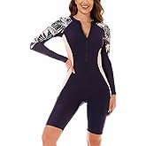 FEOYA Boyleg Swimsuit Women One Piece Long Sleeve Padded Rash Guard Knee Length Athletic Modest Swimwear