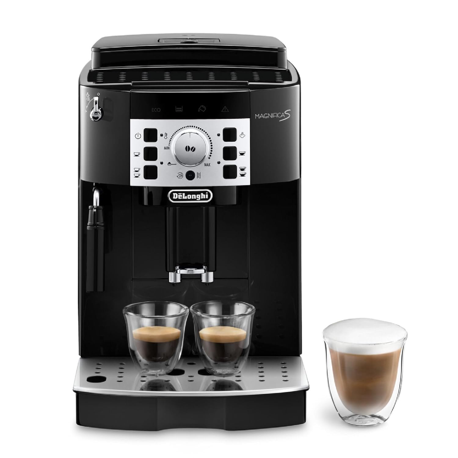 De’Longhi Magnifica S - Perfetto Kaffeevollautomat mit klassischem Milchaufschäumer, Espresso- und Cappuccino Kaffeemaschine, Bedienfeld mit Tasten, Schwarz (ECAM22.110.B)